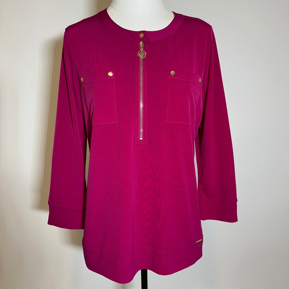 Anne Klein Magenta 3/4 Sleeve Zip Neck Pocket Blouse Womens Size Medium M Career